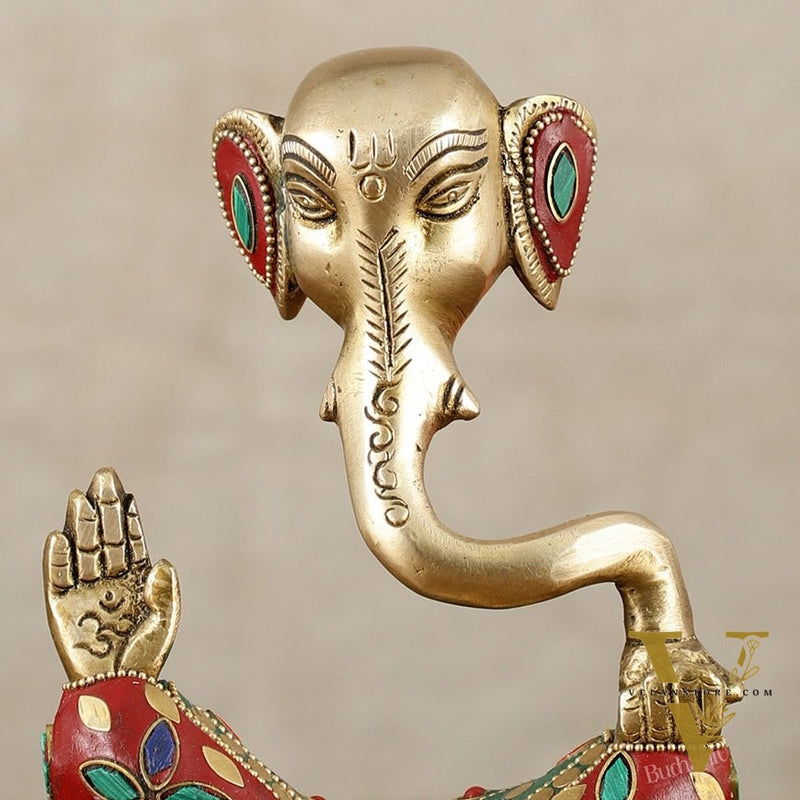 Brass Modern Ganesha Idol | 6" Height | Meenakari Stonework