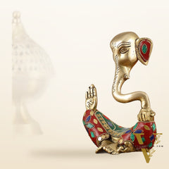 Brass Modern Ganesha Idol | 6" Height | Meenakari Stonework