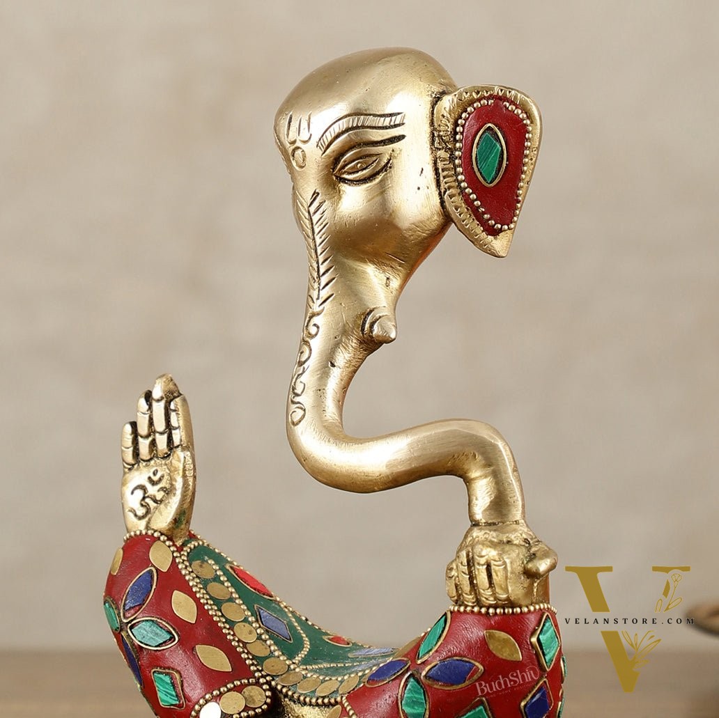 Brass Modern Ganesha Idol | 6" Height | Meenakari Stonework