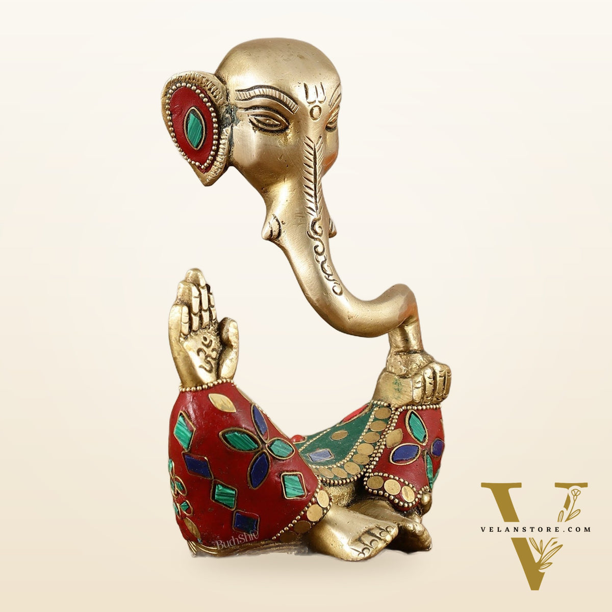 Brass Modern Ganesha Idol | 6" Height | Meenakari Stonework