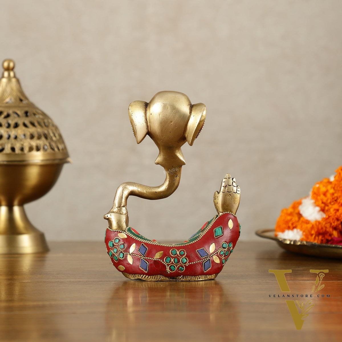 Brass Modern Ganesha Idol | 6" Height | Meenakari Stonework