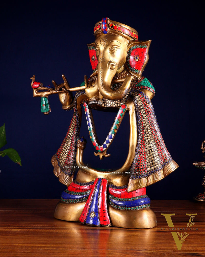 Brass Modern Ganesha playing flute Statue  - 20 Inch