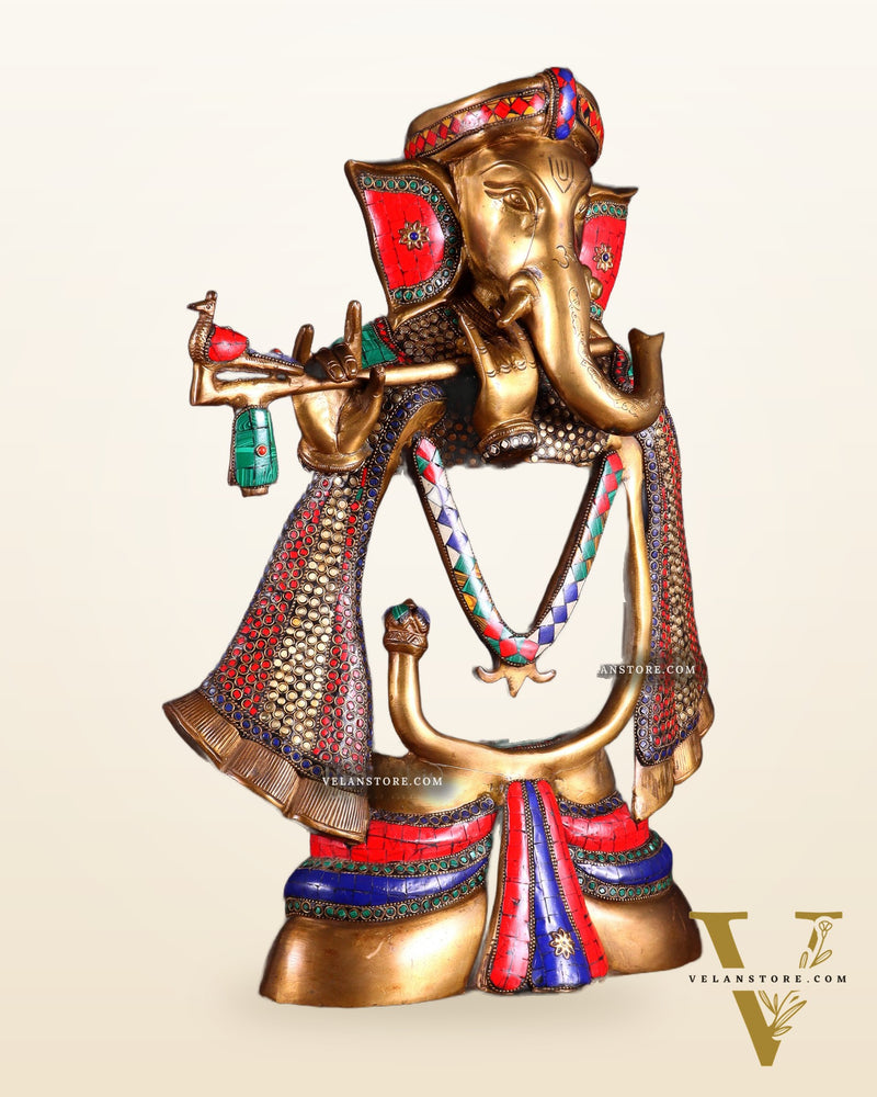 Brass Modern Ganesha playing flute Statue  - 20 Inch
