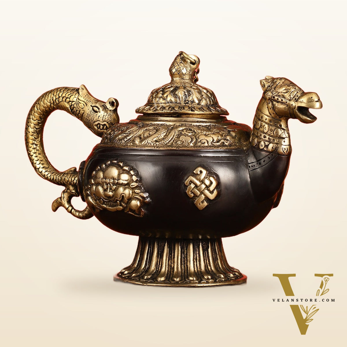 Brass Monastery Kettle for ritual Dragon and horse