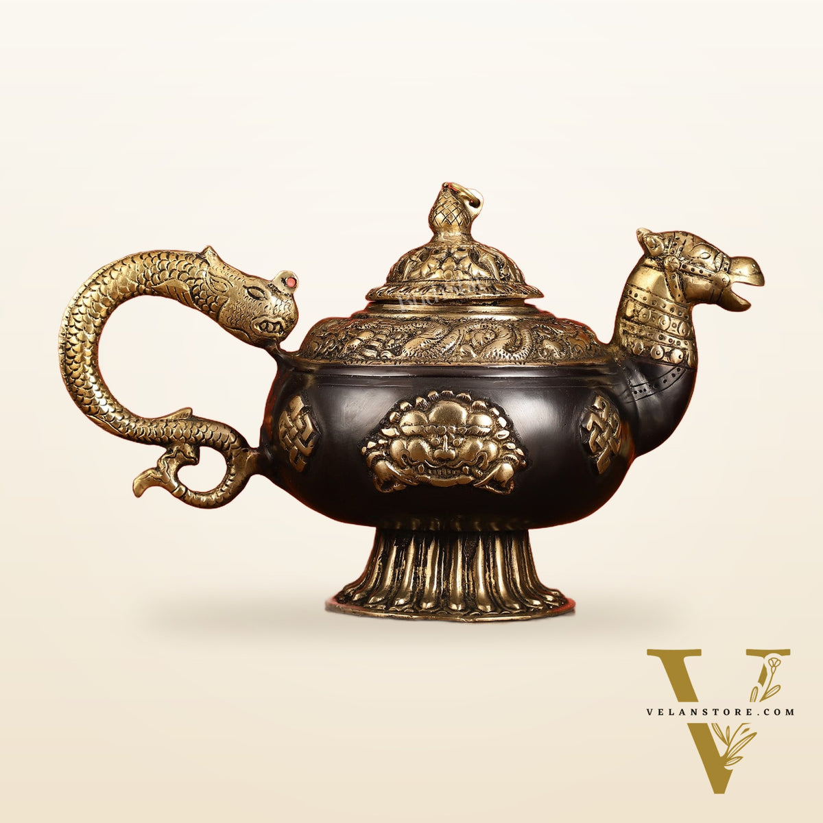Brass Monastery Kettle for ritual Dragon and horse