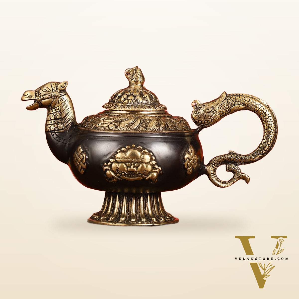 Brass Monastery Kettle for ritual Dragon and horse