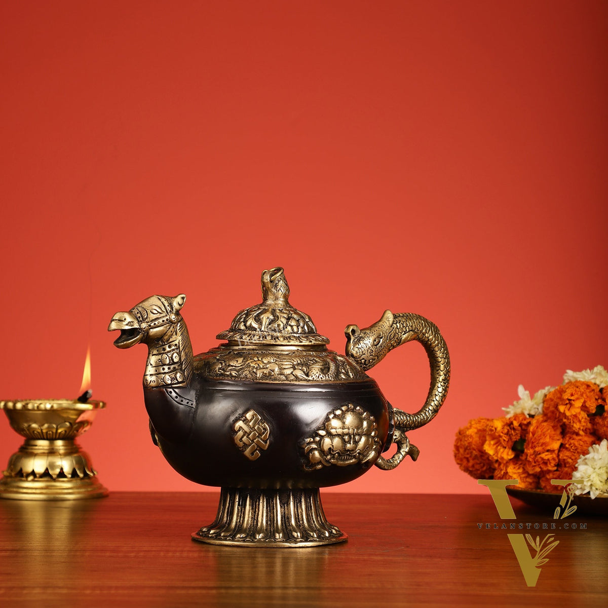 Brass Monastery Kettle for ritual Dragon and horse