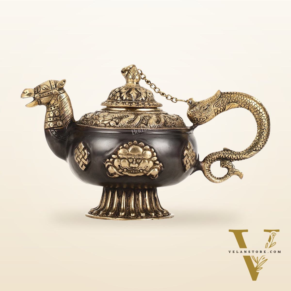 Brass Monastery Kettle for ritual Dragon and horse