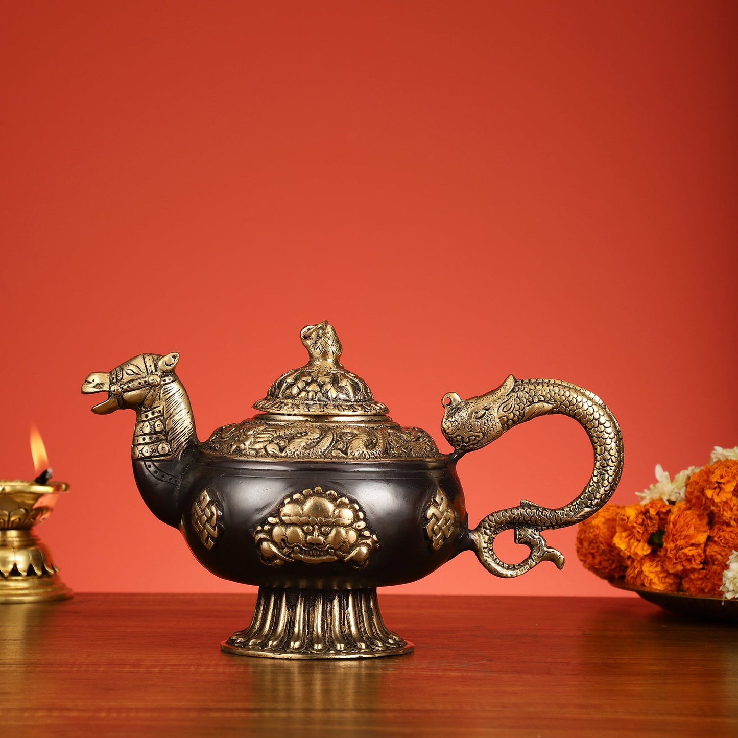 Brass Monastery Kettle for ritual Dragon and horse