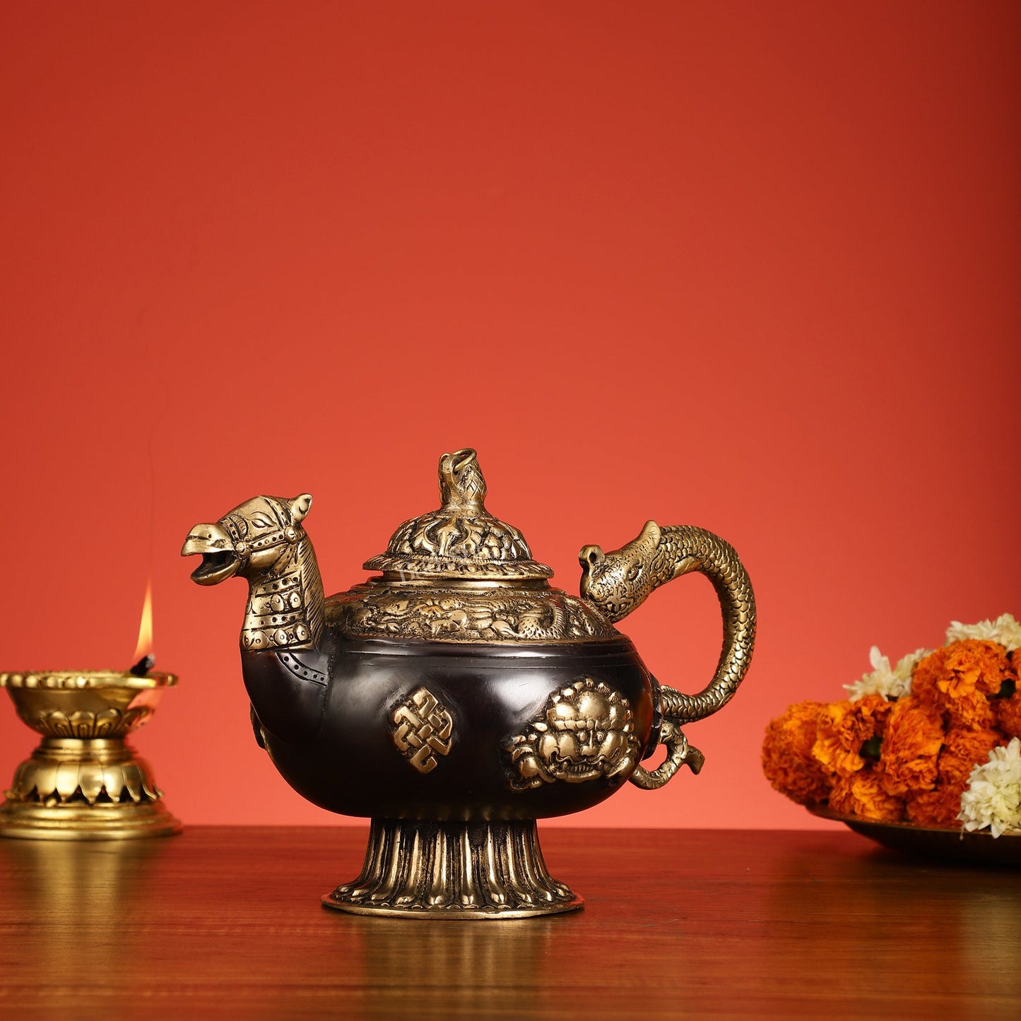 Brass Monastery Kettle for ritual Dragon and horse