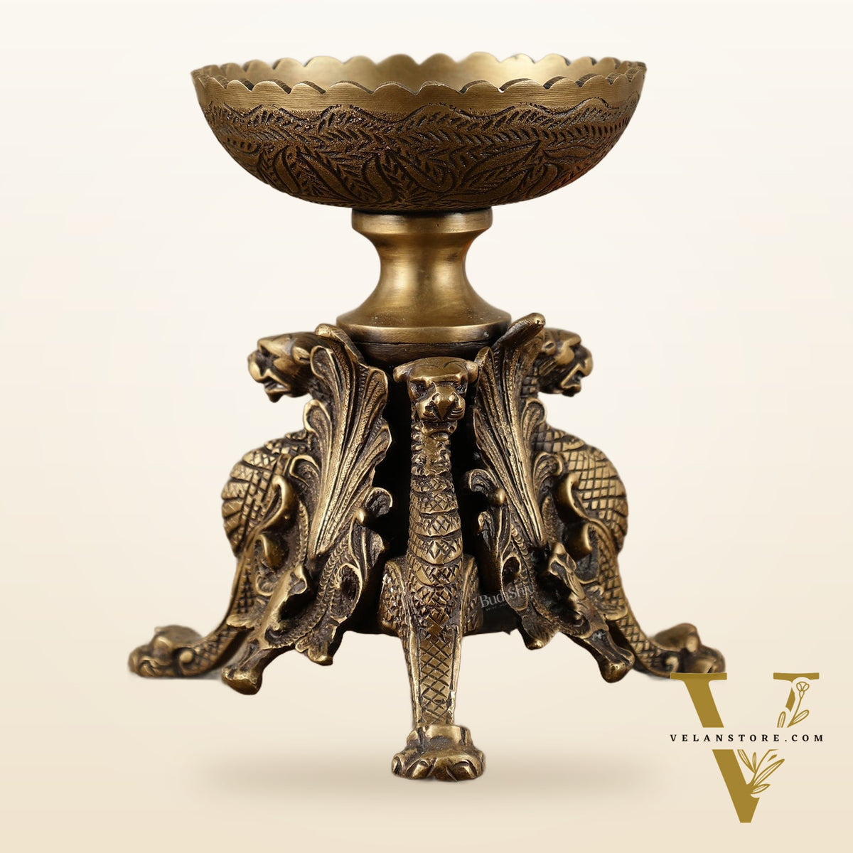 Brass Multi-Purpose Bowl with Yali Lion Stand | 8"