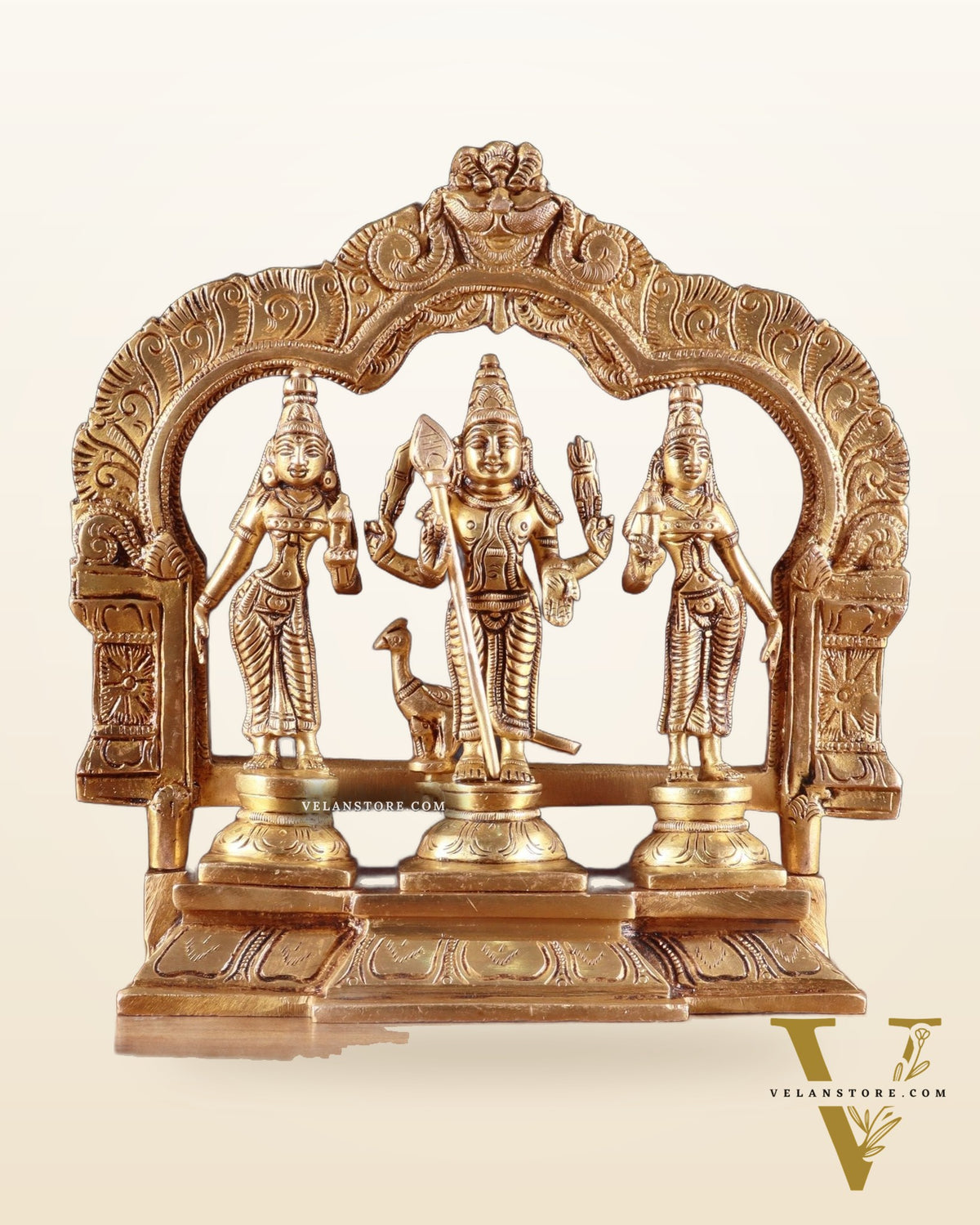 Brass Murugan Valli Deivayanai Idol Set with Prabhavali – 8.5”