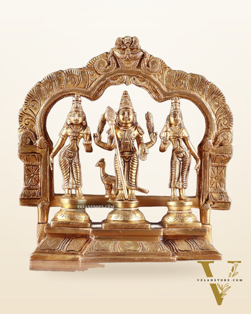Brass Murugan Valli Deivayanai Idol Set with Prabhavali – 8.5”