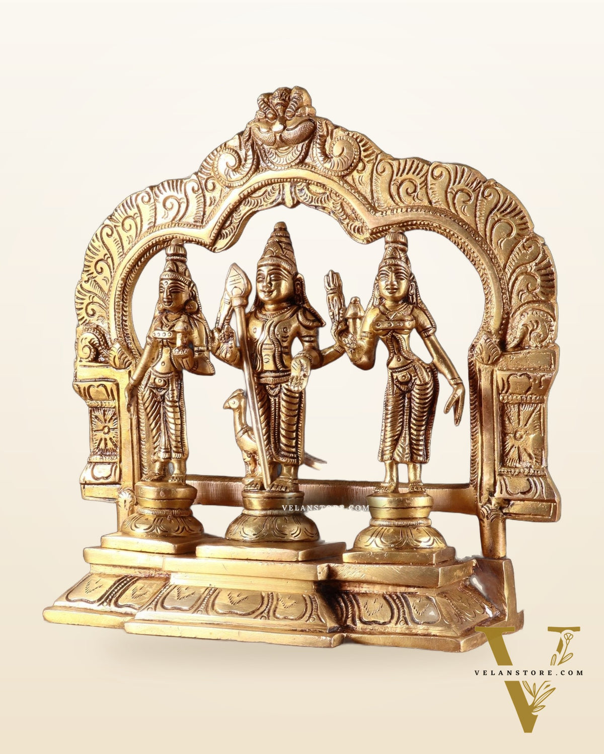 Brass Murugan Valli Deivayanai Idol Set with Prabhavali – 8.5”
