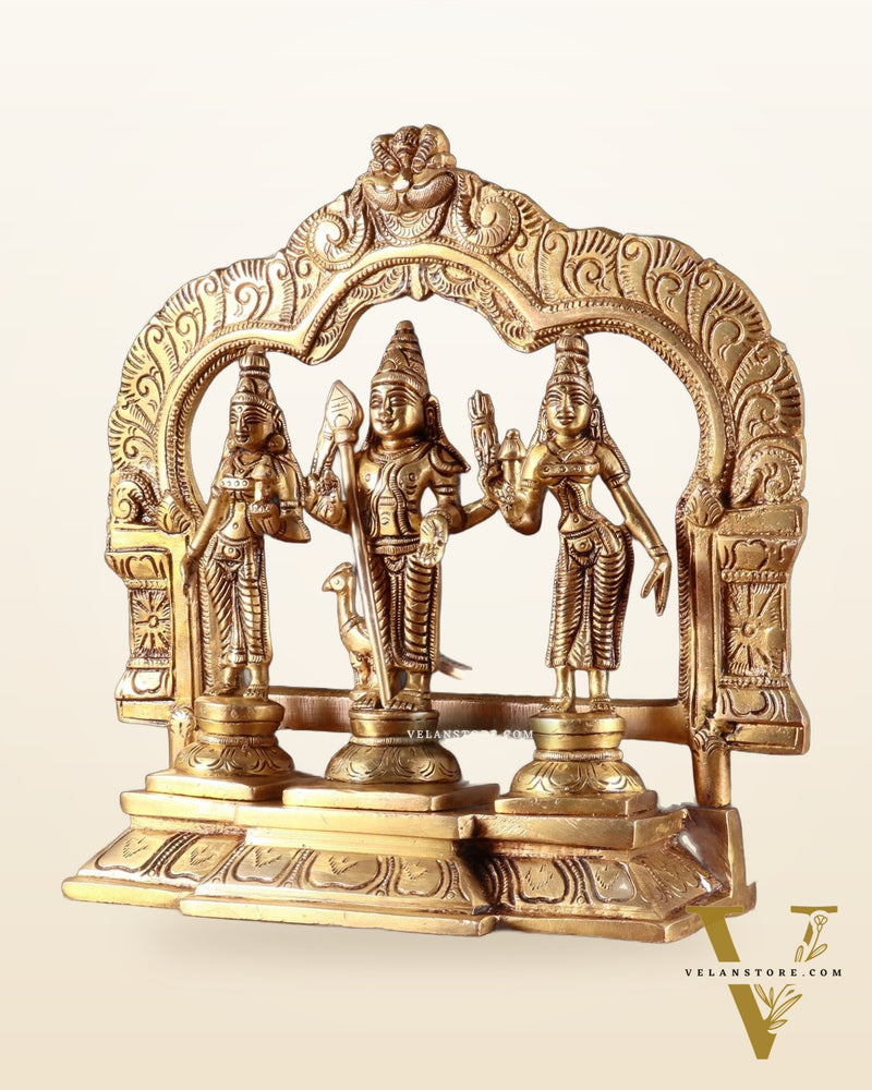 Brass Murugan Valli Deivayanai Idol Set with Prabhavali – 8.5”