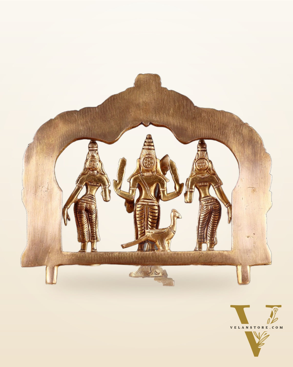 Brass Murugan Valli Deivayanai Idol Set with Prabhavali – 8.5”