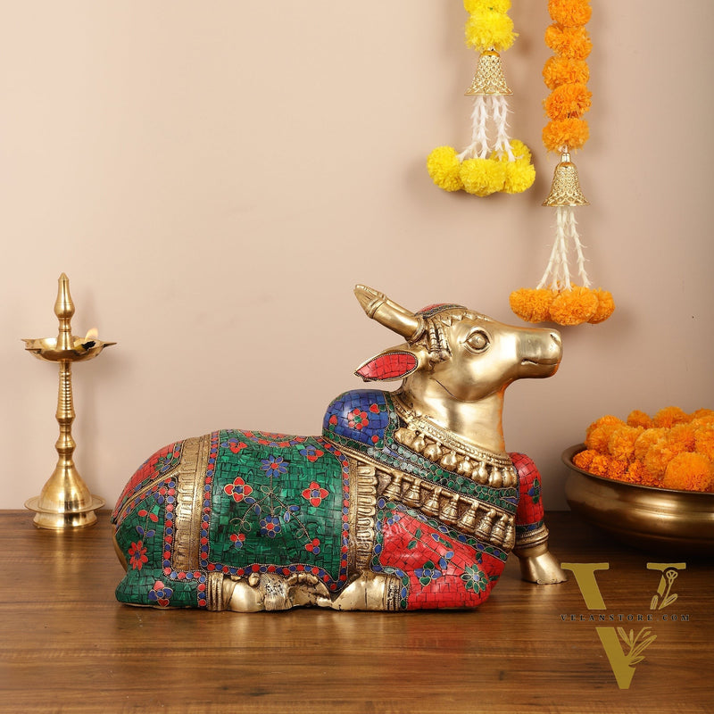 Brass Nandi Idol with Exquisite Stonework 20 inch