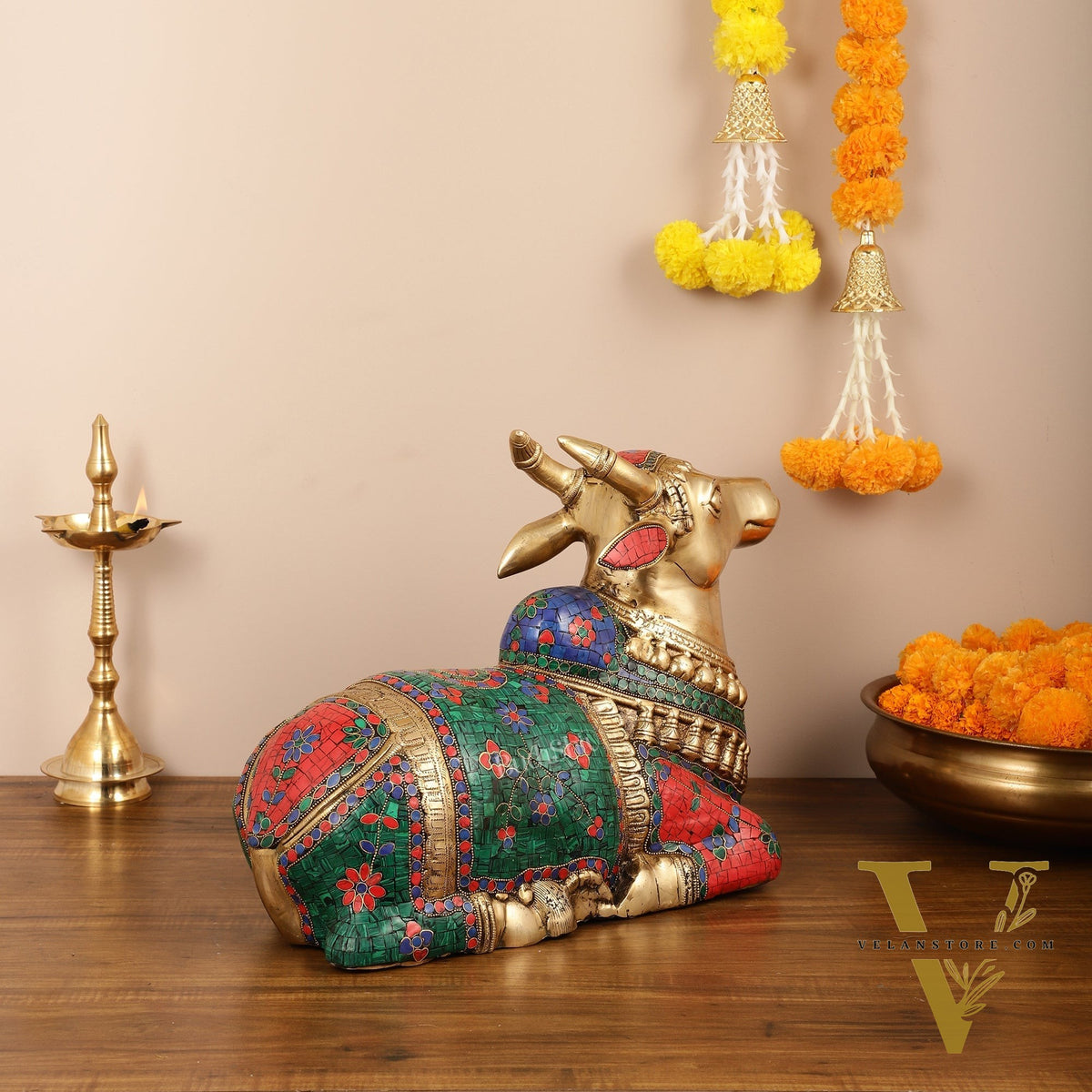 Brass Nandi Idol with Exquisite Stonework 20 inch