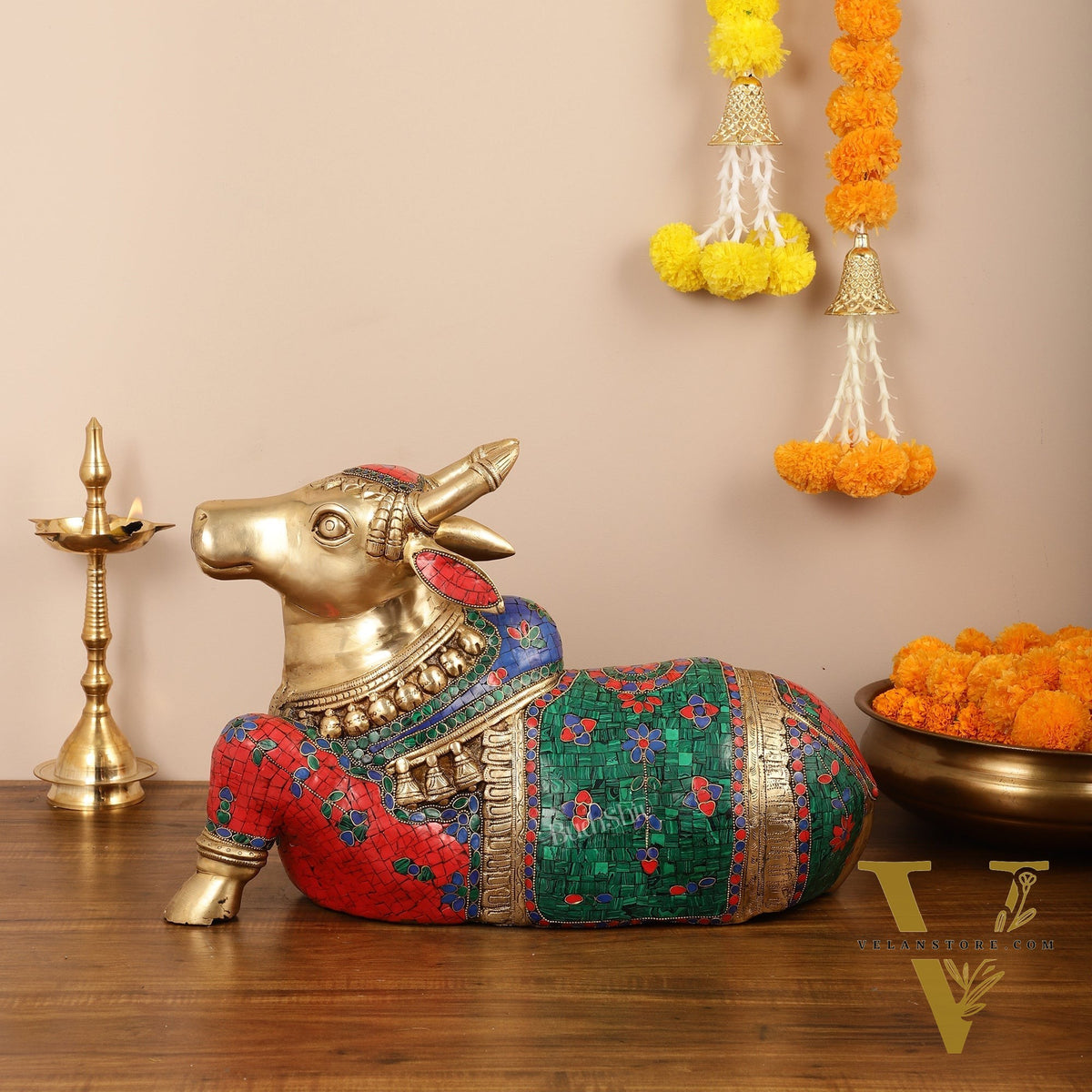Brass Nandi Idol with Exquisite Stonework 20 inch