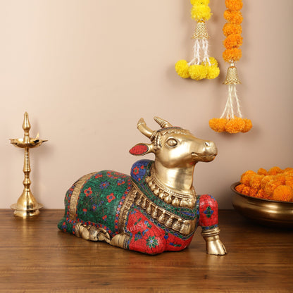 Brass Nandi Idol with Exquisite Stonework 20 inch
