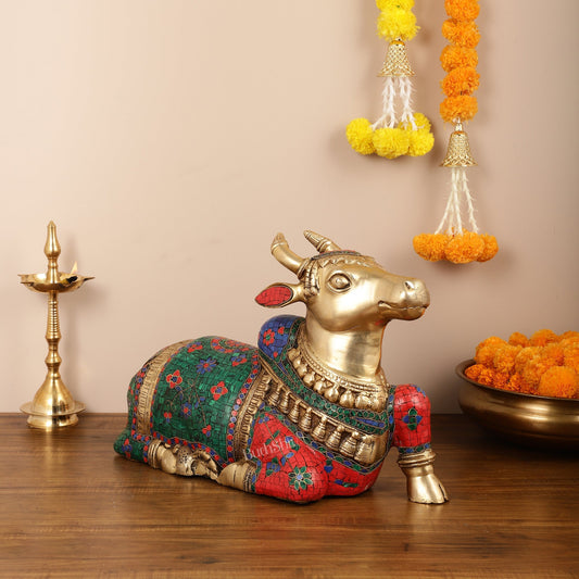 Brass Nandi Idol with Exquisite Stonework 20 inch