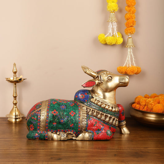 Brass Nandi Idol with Exquisite Stonework 20 inch