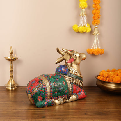 Brass Nandi Idol with Exquisite Stonework 20 inch