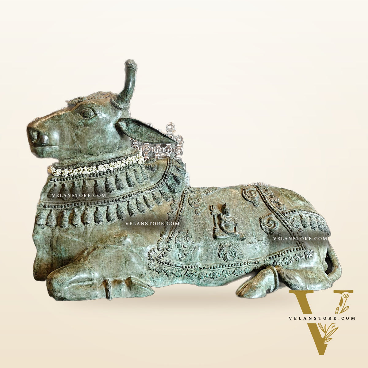 Brass Nandi Statue with Lord Shiva Carvings – Green patina 82"