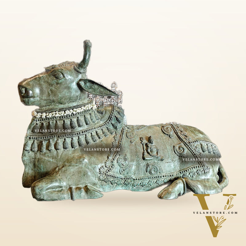 Brass Nandi Statue with Lord Shiva Carvings – Green patina 82"