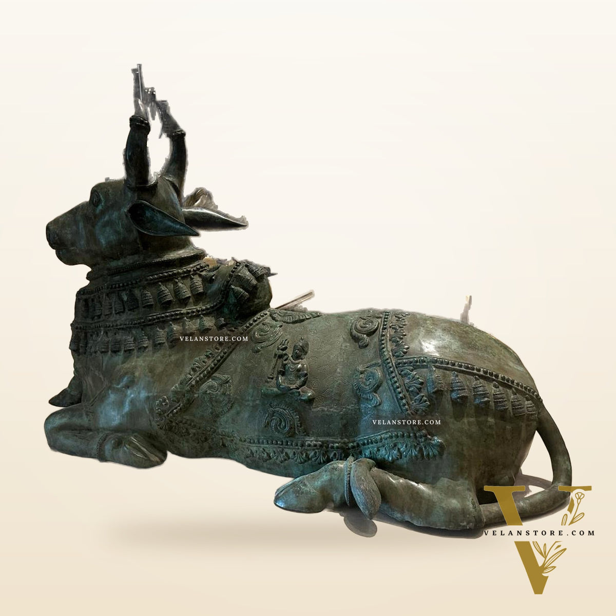 Brass Nandi Statue with Lord Shiva Carvings – Green patina 82"
