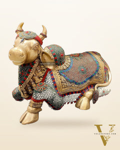 Brass Nandi Statue with Stonework - 15 inch