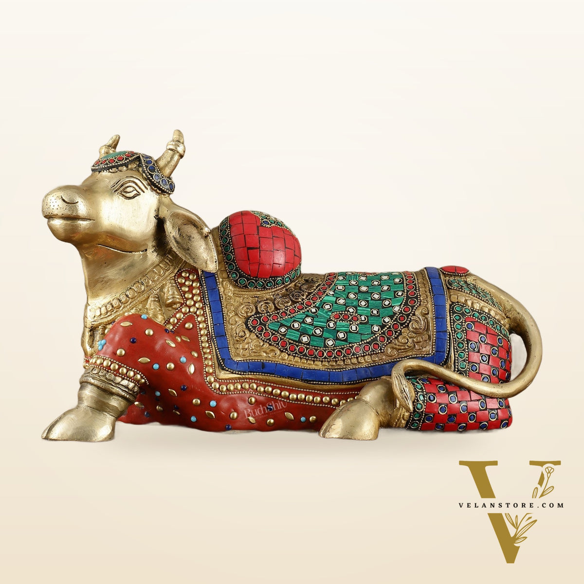 Brass Nandi Statue with Stonework - 15 inch