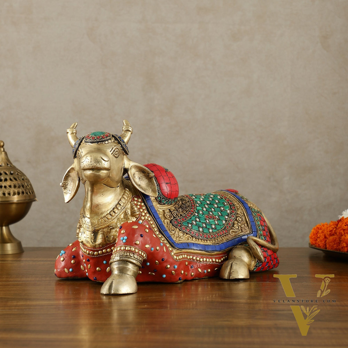Brass Nandi Statue with Stonework - 15 inch