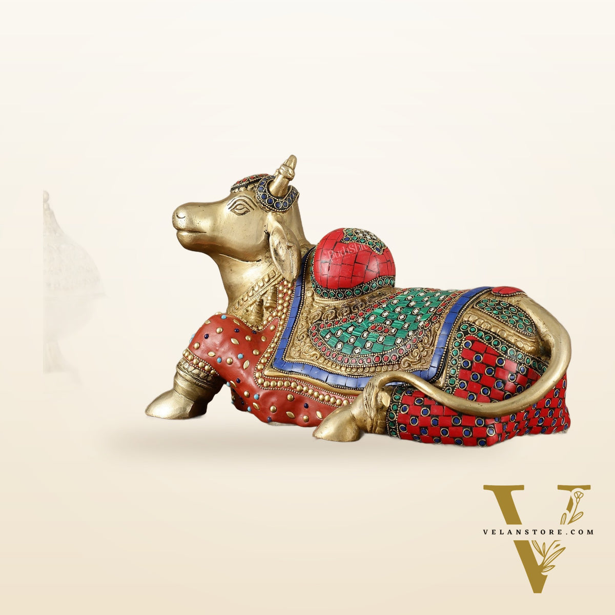 Brass Nandi Statue with Stonework - 15 inch
