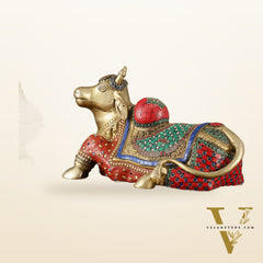 Brass Nandi Statue with Stonework - 15 inch