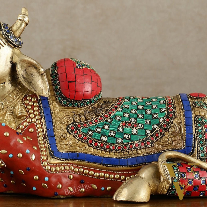 Brass Nandi Statue with Stonework - 15 inch