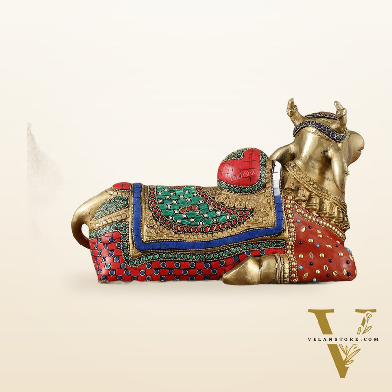 Brass Nandi Statue with Stonework - 15 inch