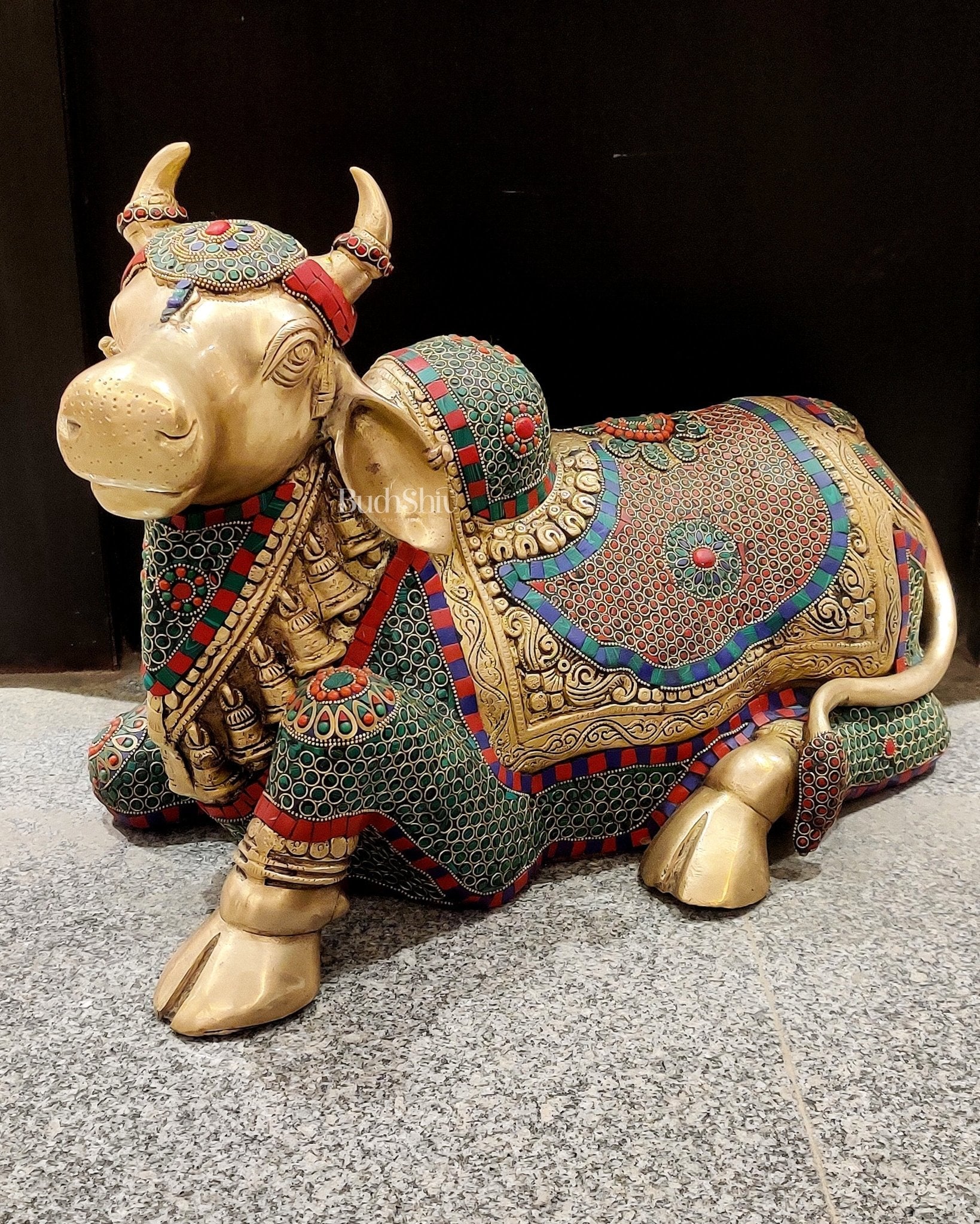 Brass Nandi Statue with Stonework - 15 inch