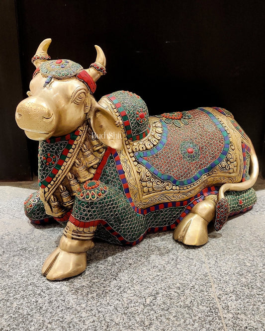 Brass Nandi Statue with Stonework - 15 inch
