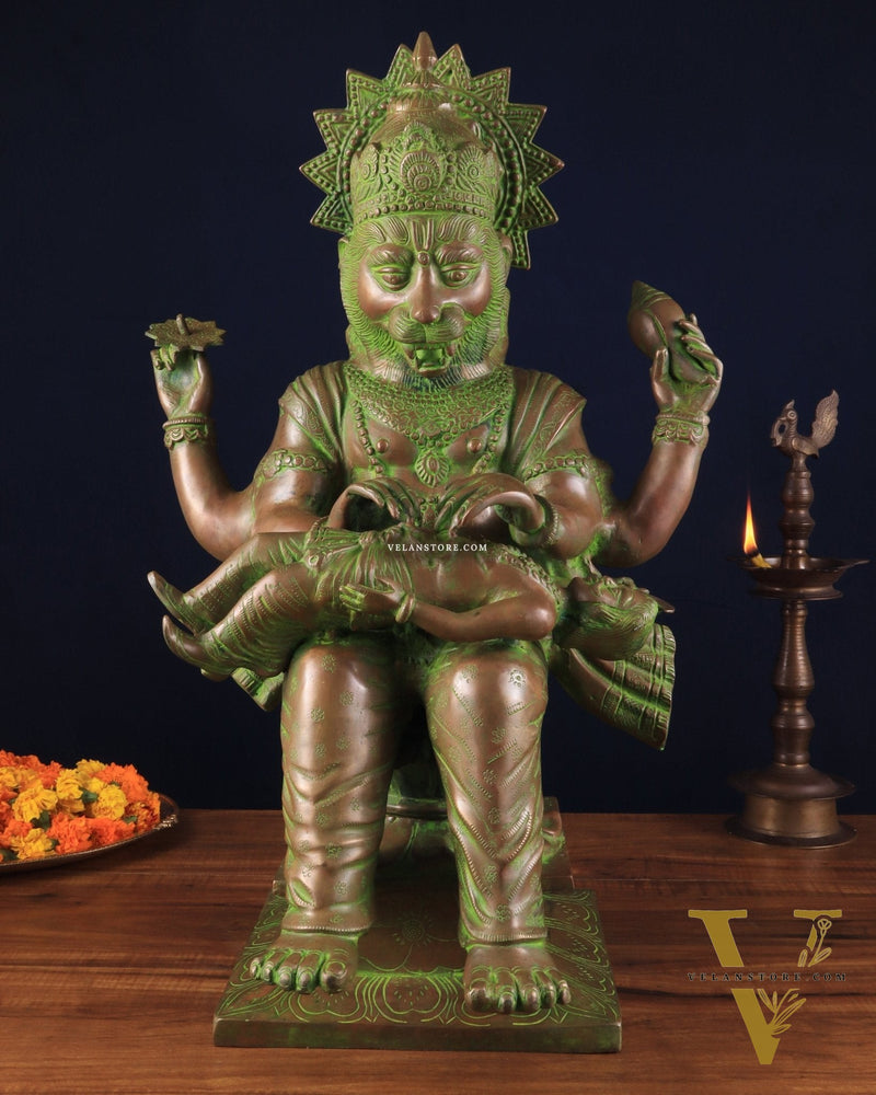 Brass Narasimha Killing Hiranyakashipu Statue – 25.3" x 16" x 13.5" | Bronze-Tone Divine Protector