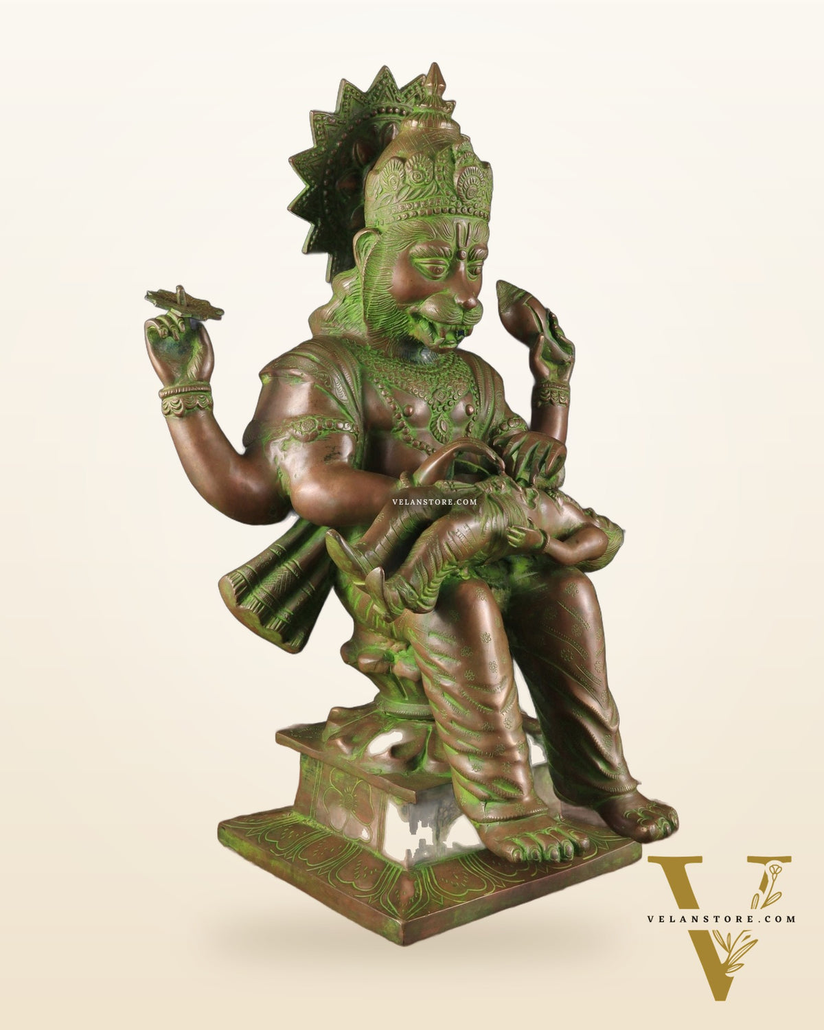 Brass Narasimha Killing Hiranyakashipu Statue – 25.3" x 16" x 13.5" | Bronze-Tone Divine Protector