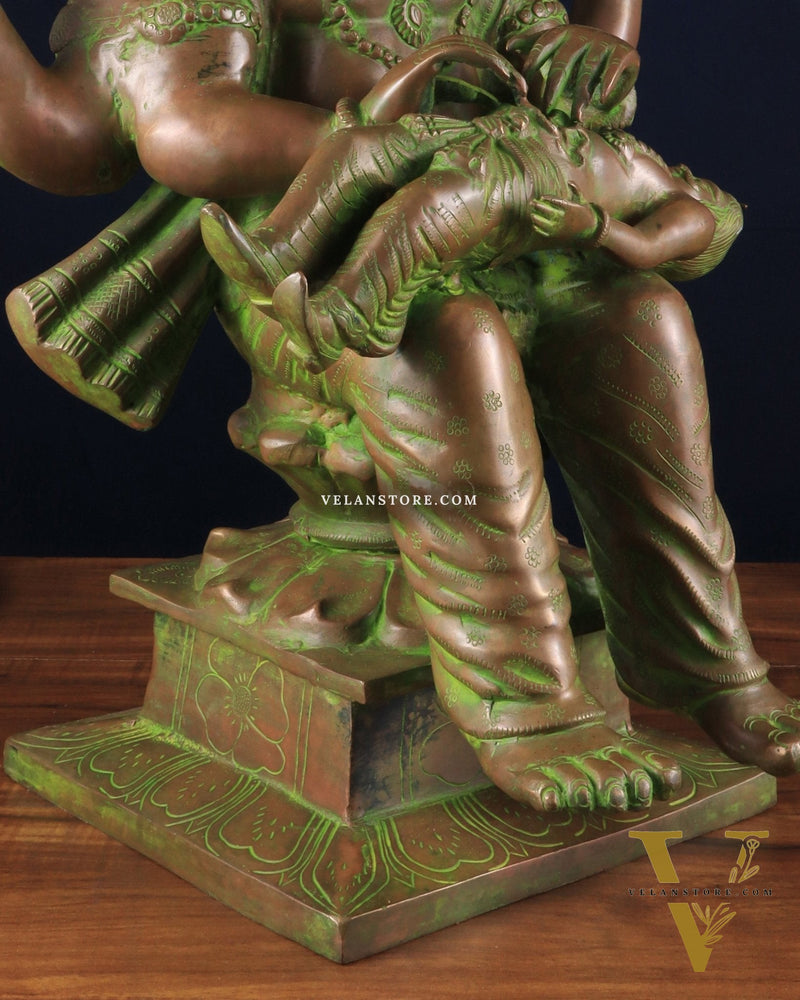 Brass Narasimha Killing Hiranyakashipu Statue – 25.3" x 16" x 13.5" | Bronze-Tone Divine Protector