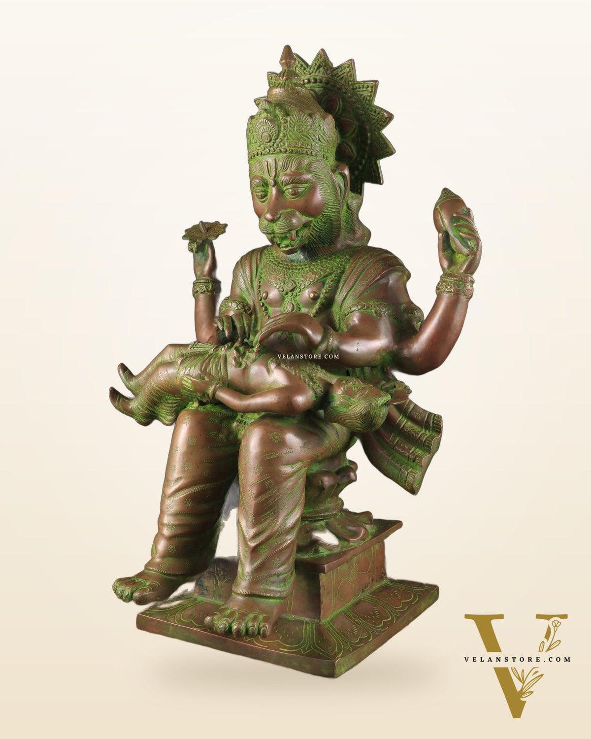 Brass Narasimha Killing Hiranyakashipu Statue – 25.3" x 16" x 13.5" | Bronze-Tone Divine Protector
