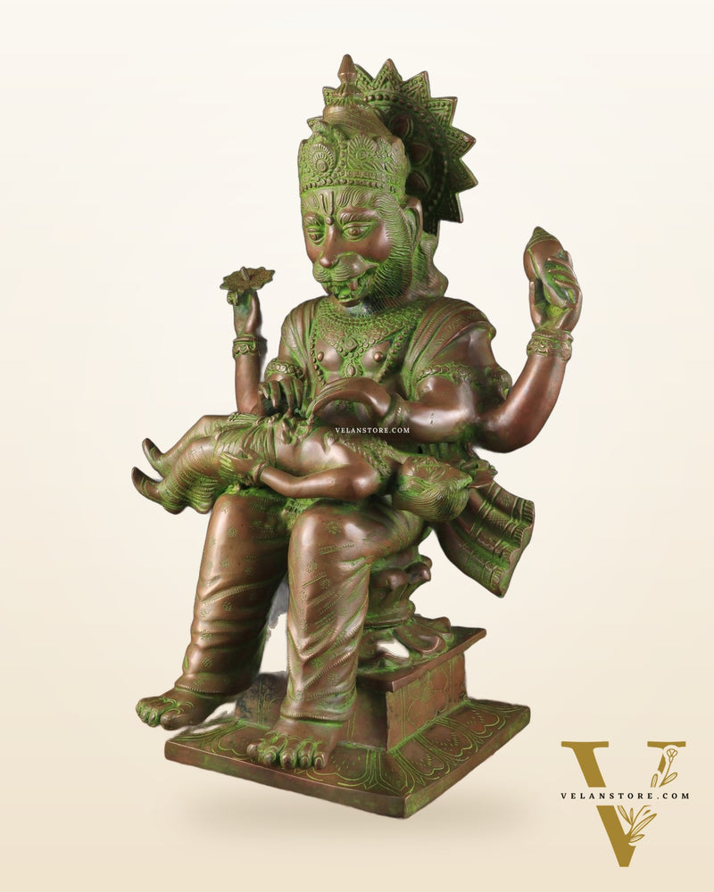 Brass Narasimha Killing Hiranyakashipu Statue – 25.3" x 16" x 13.5" | Bronze-Tone Divine Protector