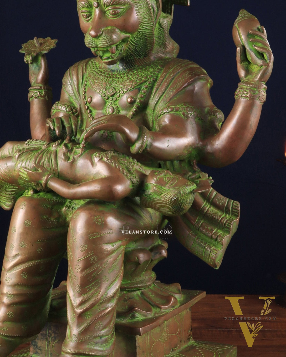 Brass Narasimha Killing Hiranyakashipu Statue – 25.3" x 16" x 13.5" | Bronze-Tone Divine Protector