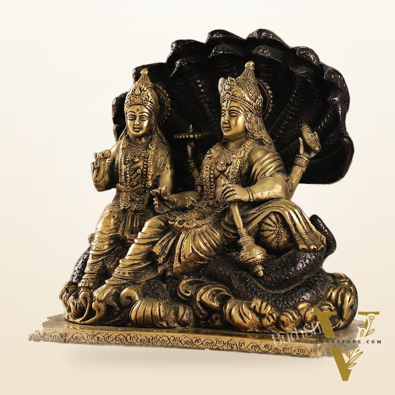 Brass Narayan Vishnu Lakshmi Idol on Sheshnaaga | 9" Height