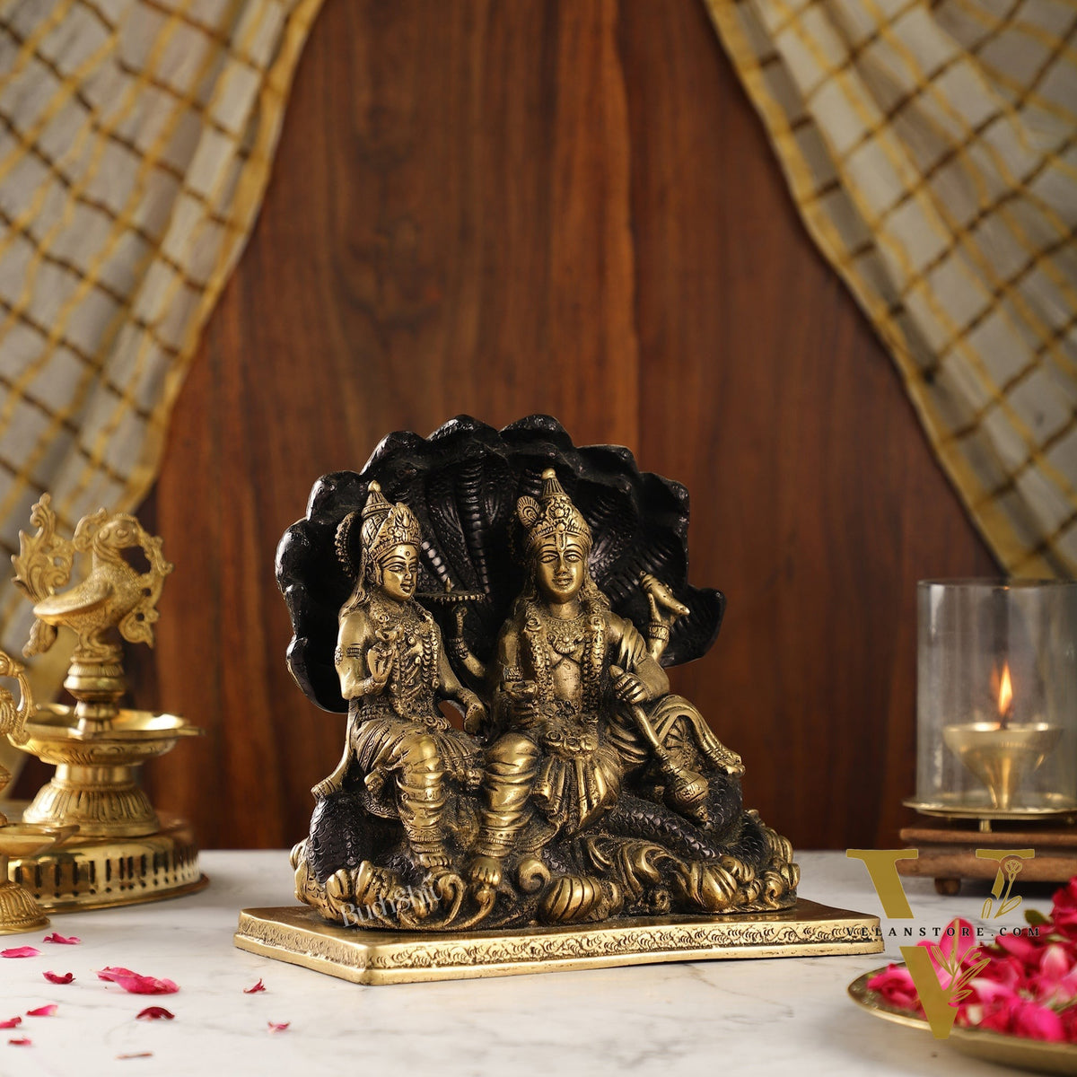 Brass Narayan Vishnu Lakshmi Idol on Sheshnaaga | 9" Height