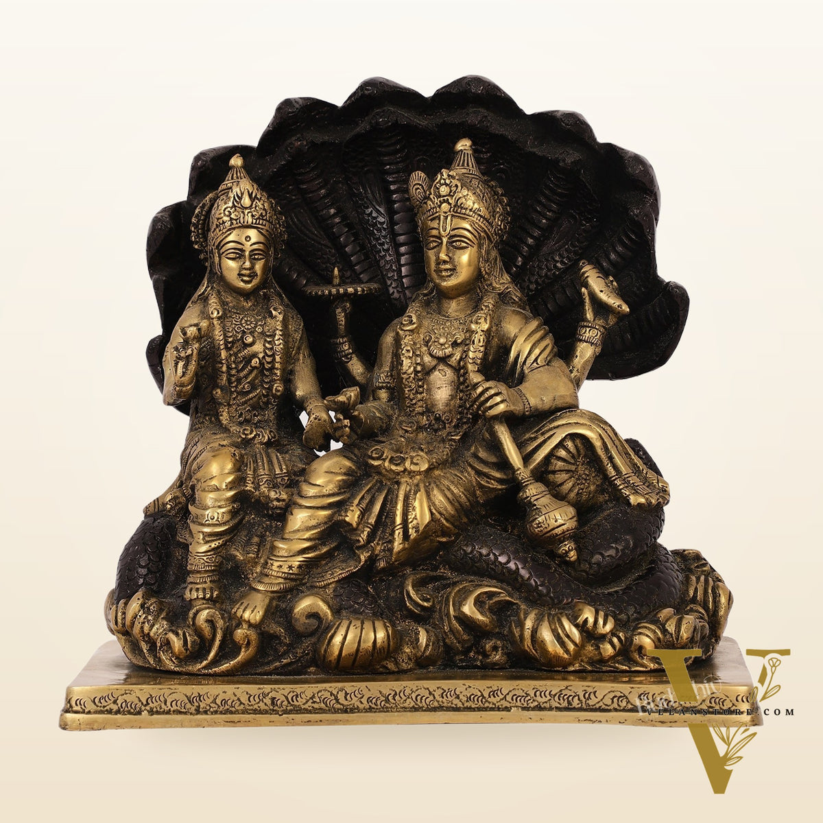 Brass Narayan Vishnu Lakshmi Idol on Sheshnaaga | 9" Height