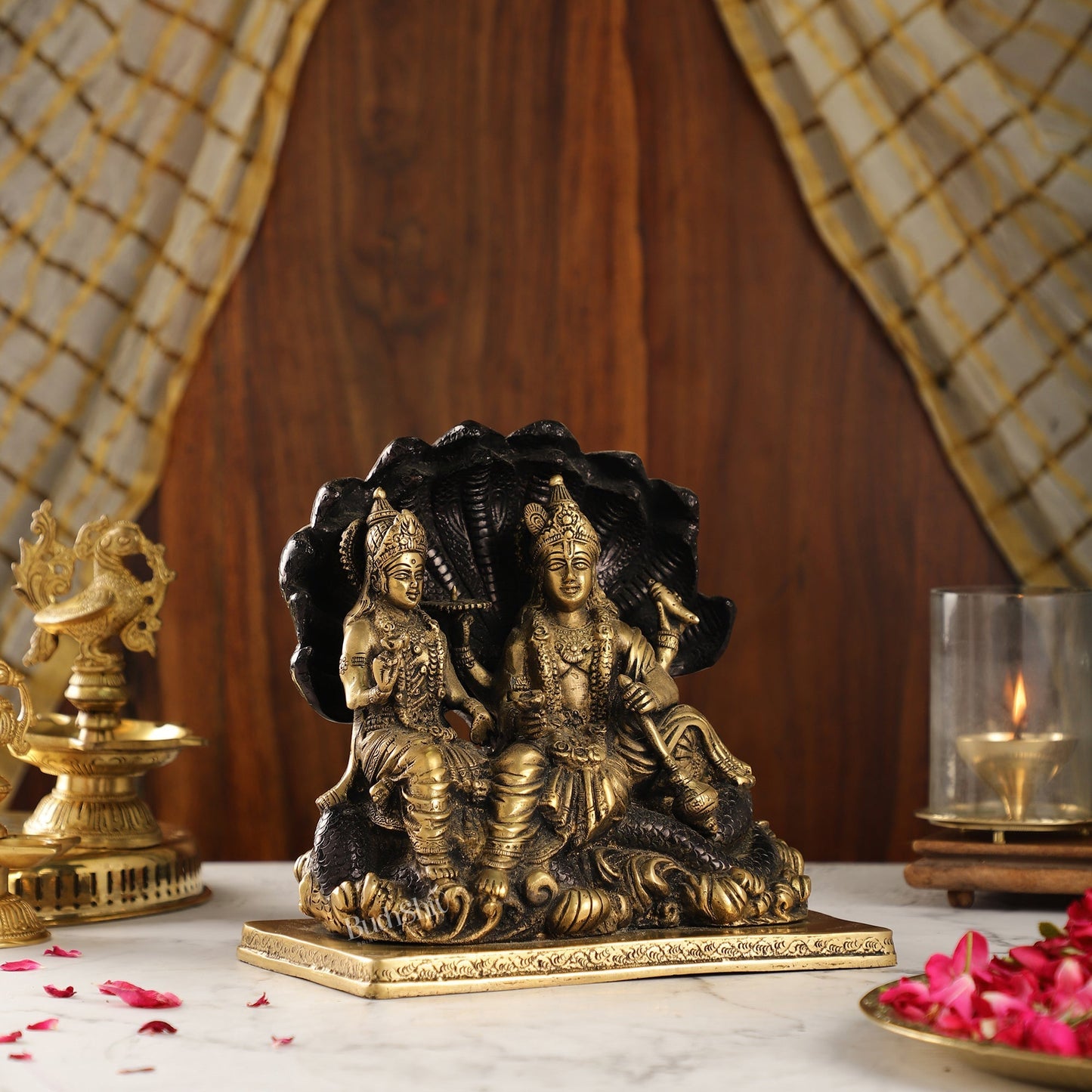 Brass Narayan Vishnu Lakshmi Idol on Sheshnaaga | 9" Height