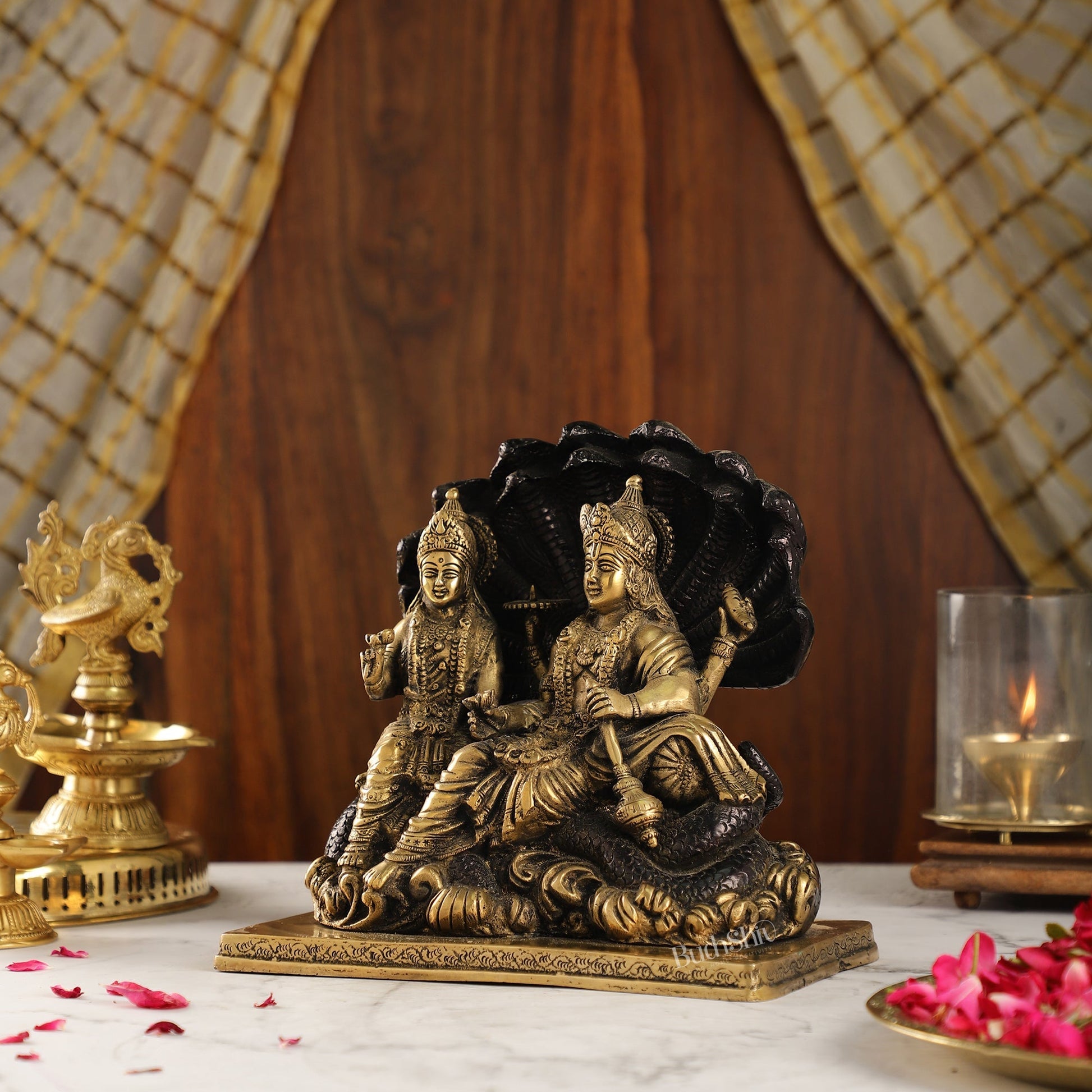 Brass Narayan Vishnu Lakshmi Idol on Sheshnaaga | 9" Height